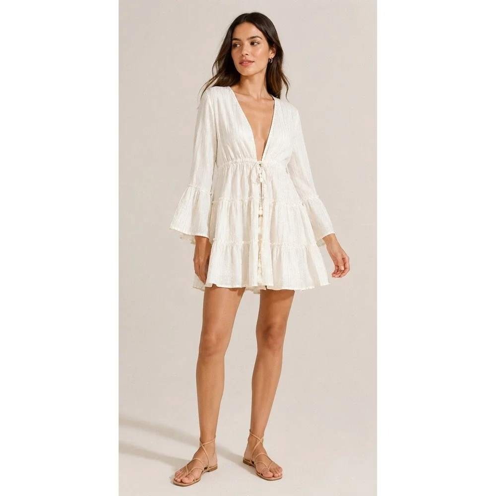 Blue Island Gold Stripe Lace Up Tassel Tunic Fairy Etheral Top Medium